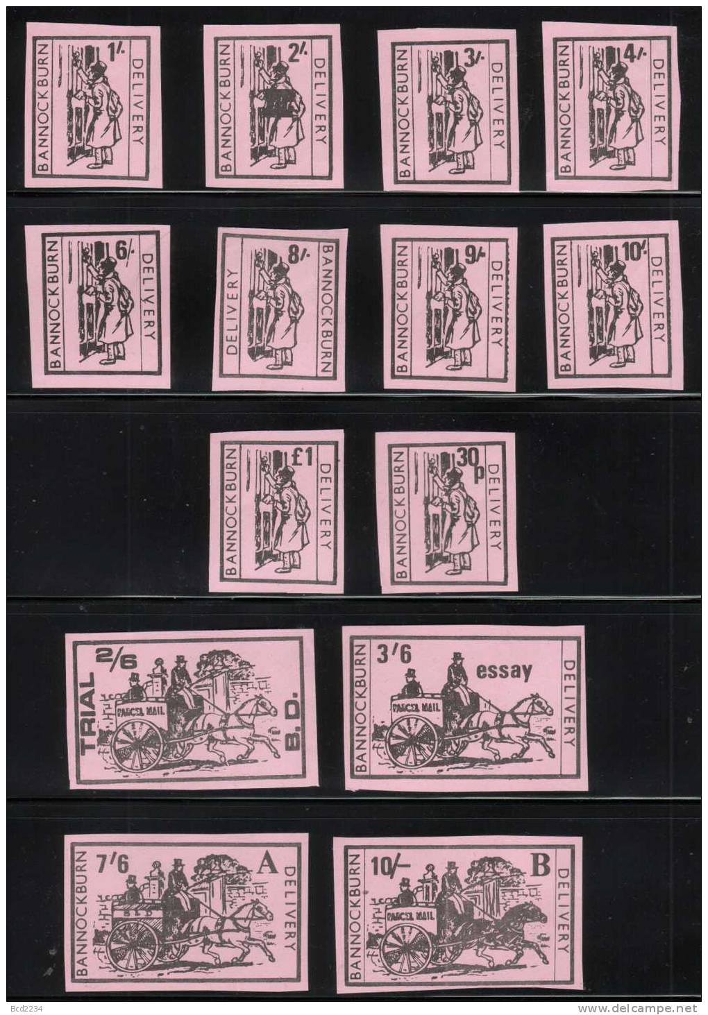 GB STRIKE MAIL (BANNOCKBURN DELIVERY) SET OF 22 COLOUR ESSAYS PINK IMPERF NHM Carriages Horses Stagecoaches - Local Issues