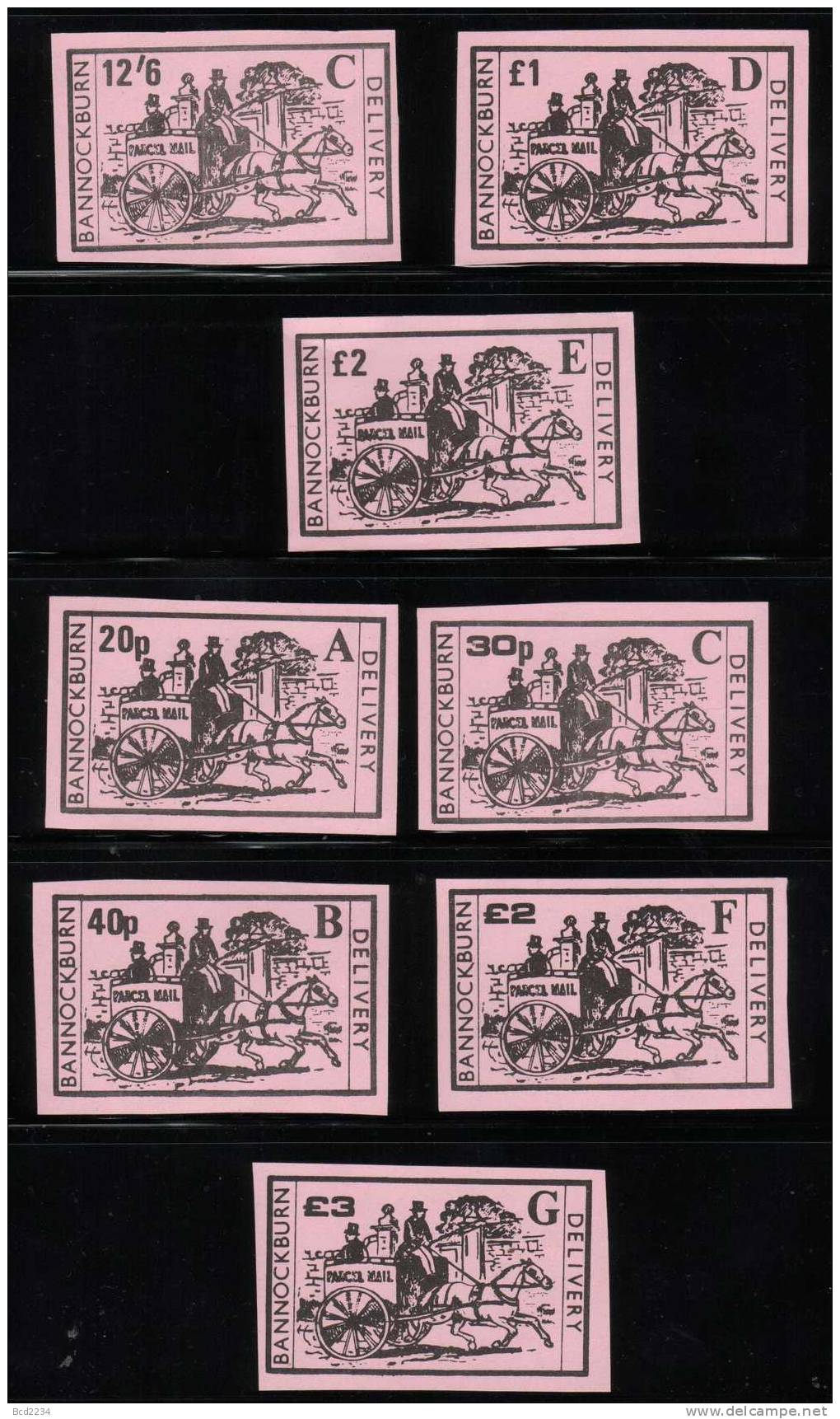 GB STRIKE MAIL (BANNOCKBURN DELIVERY) SET OF 22 COLOUR ESSAYS PINK IMPERF NHM Carriages Horses Stagecoaches - Local Issues