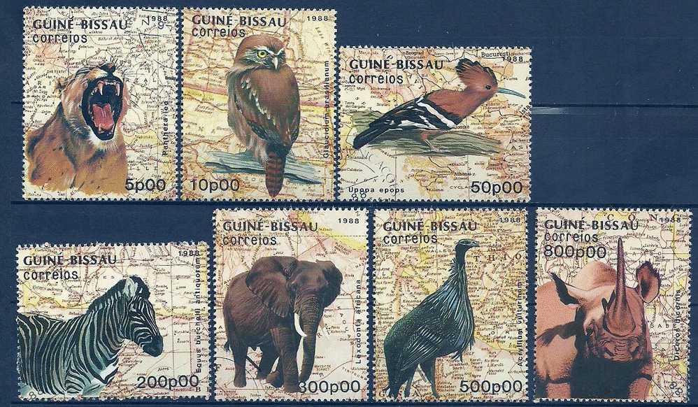 Guinea Bissau 1989 Birds Oiseaux Aves Owls  Pygmy Owl Hoopoe Guineafowl  Zebra Rinoceros Animals Issue With 7 Values - Eulenvögel