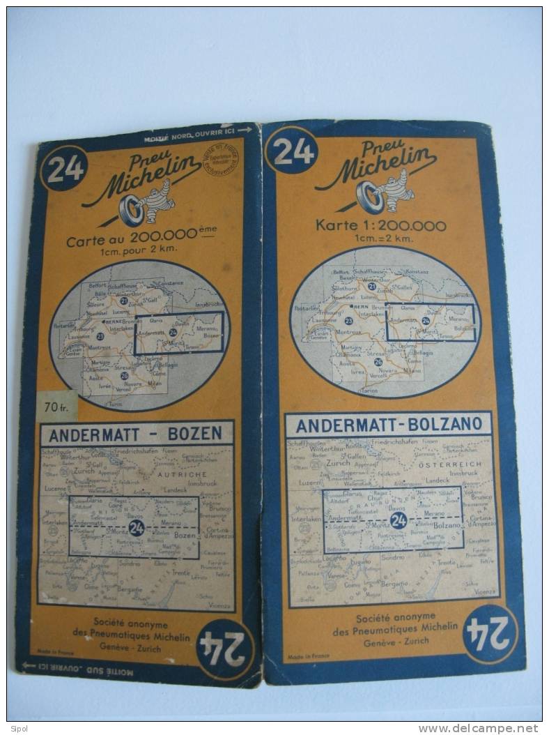 -  Carte Routière  MICHELIN N°24- Andermatt / Bolzano 1/200 000 - 1939 Vente En France Exclusivement Voir Clichés - Cartes Routières