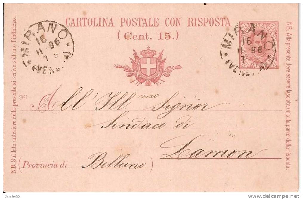 1896 Intero Postale 7 1/2 Con Risposta Da Mirano Per Lamon - Entero Postal