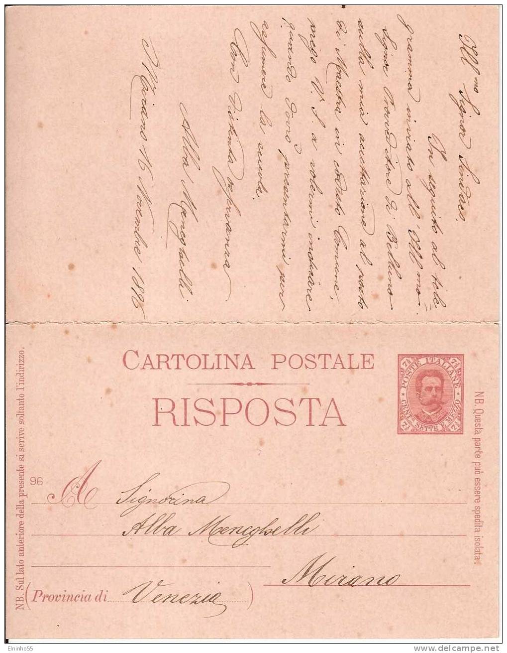 1896 Intero Postale 7 1/2 Con Risposta Da Mirano Per Lamon - Entero Postal