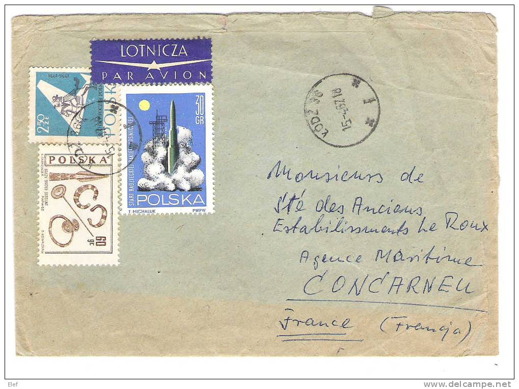 Lettre De LODZ , Pologne / Polska,15.4.1967;timbre Fusée /Rocket ;bijoux (Bracelet,fibule);Facteur à Cheval> Concarneau - Cohetes