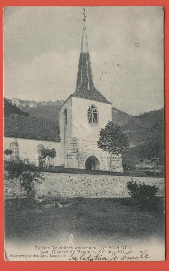 B680, Eglises Vaudoises Anciennes, Clocher De Baulmes, 2503, Précurseur, Circulée 1904, Tampon Apples - Apples