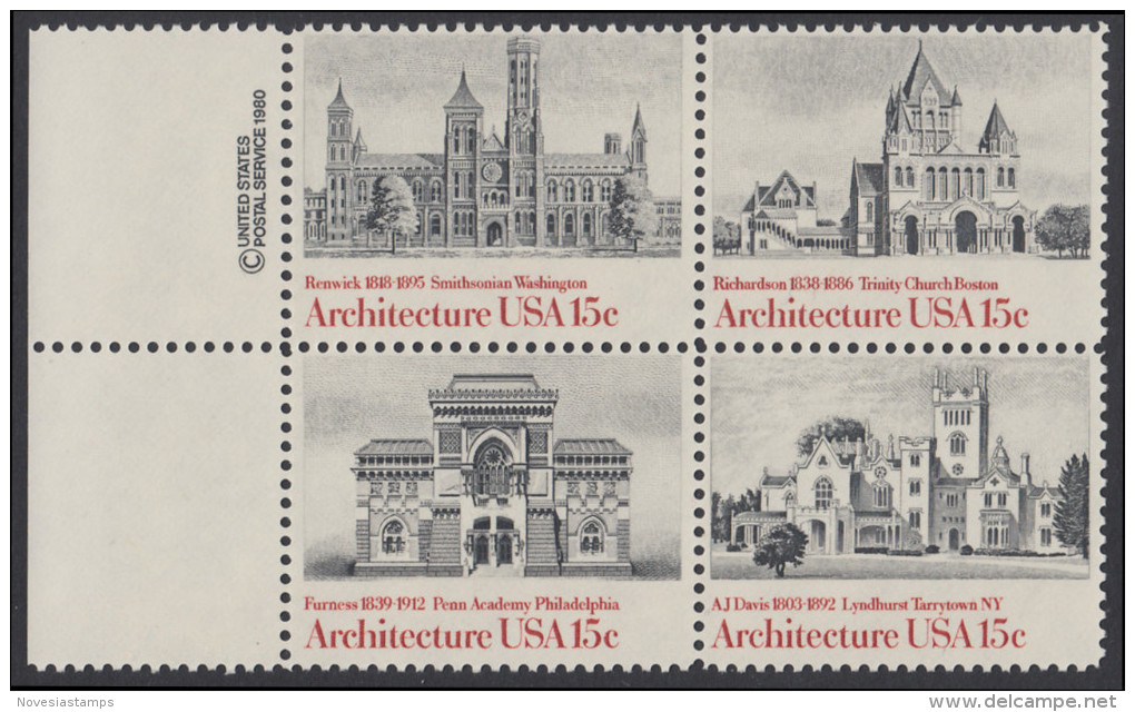 !a! USA Sc# 1838-1841 MNH BLOCK W/ Left Margins & Copyright Symbol - American Architecture - Unused Stamps