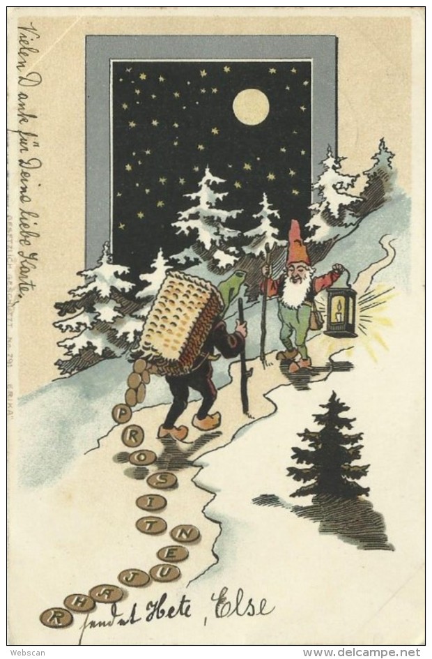 AK Neujahr Zwerg Laterne Goldmünzen Mond Sterne 1902 #09 - New Year