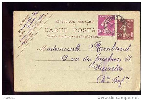 ENTIER POSTAL  20 C  LILAS BRUN    SEMEUSE  CAMEE  +   COMPLEMENT AFFRANCHISSEMENT - Standard Postcards & Stamped On Demand (before 1995)