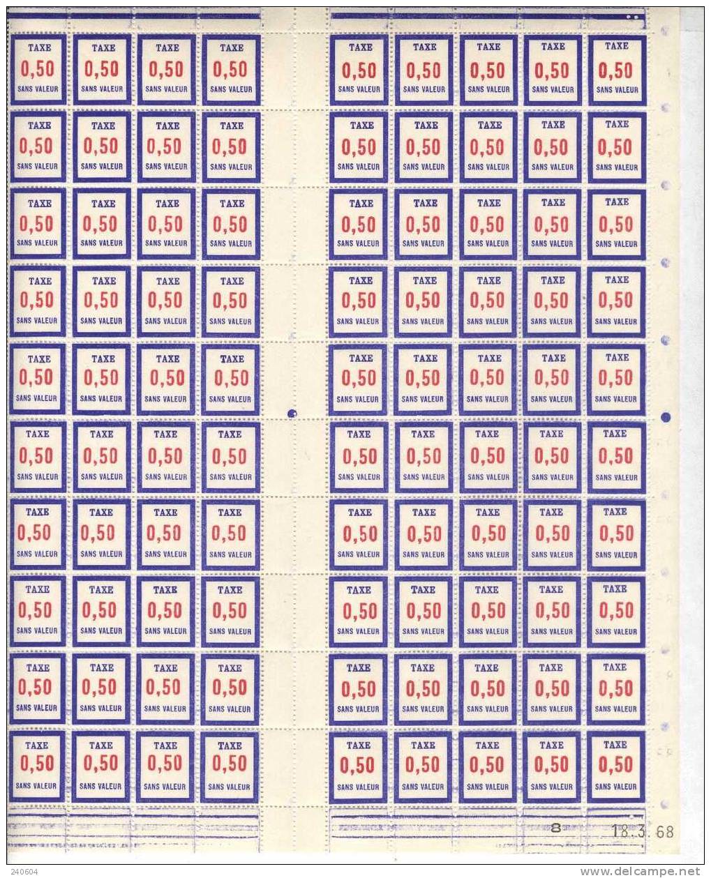 Feuille De Fictif  --   F T 20   --   0.50   -- 100 Timbres Coin Daté En Date Du 18 / 03 / 68 - Phantomausgaben