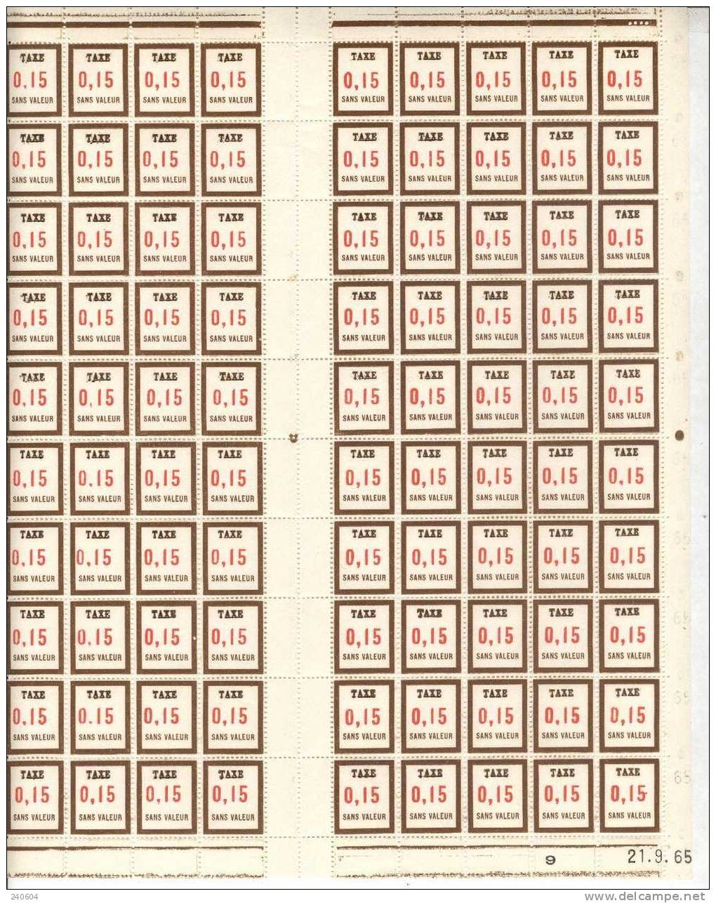 Feuille De Fictif  --   F T 15   --   0.15   -- 100 Timbres Coin Daté En Date Du 21 / 09 / 65 - Phantomausgaben