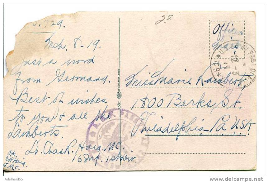 US Army Censored Mail 1919 On (damaged) Postcard Ehrenbreitstein Und Coblenz - Militaria