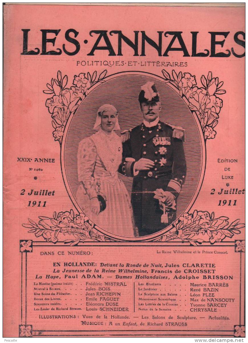 LES ANNALES 02 07 1911 - HOLLANDE WILHELMINA LA HAYE - FREDERIC MISTRAL SCEAUX - SALON SCULPTURE - Informations Générales