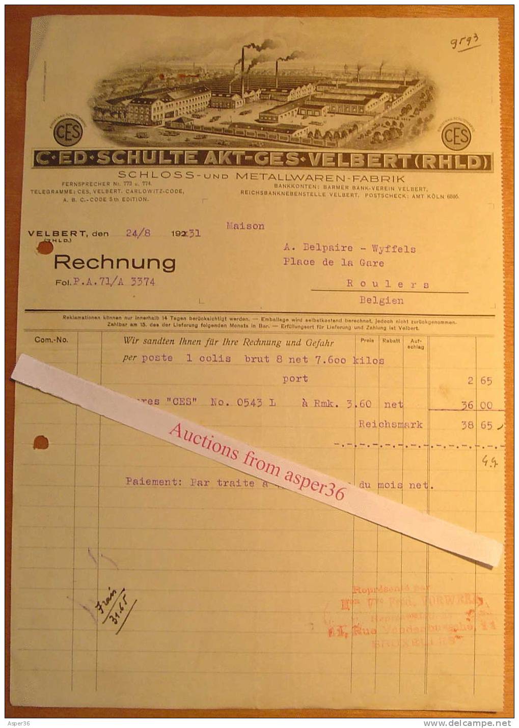 Schloss-und Metallwaren-Fabrik, C. Ed. Schulte Akt-Ges-Velbert (RHLD) 1931 - Sonstige & Ohne Zuordnung