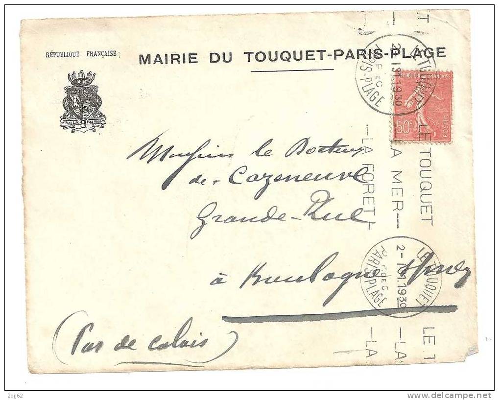 Blason, Le Touquet, Mairie, Classe Ouverte - Flamme Krag - Devant D'enveloppe   (G515) - Covers