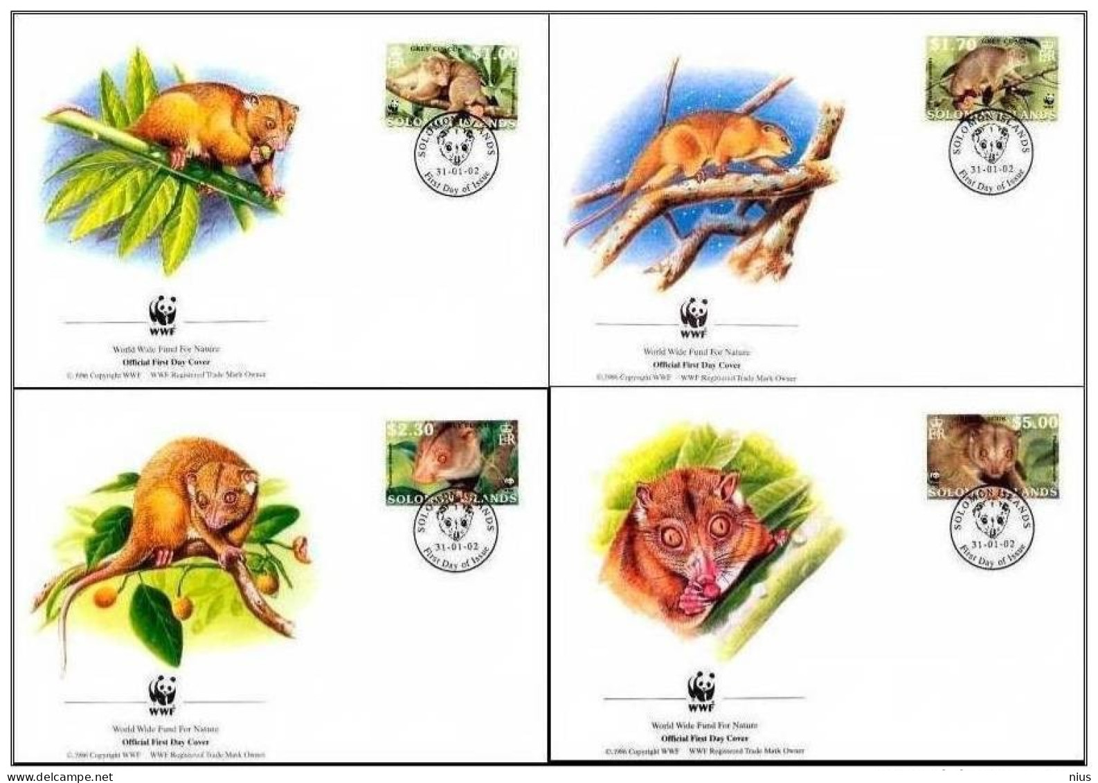 Solomon Islands 2002 FDC X4 Set WWF W.W.F. Grey Cuscus Fauna - FDC