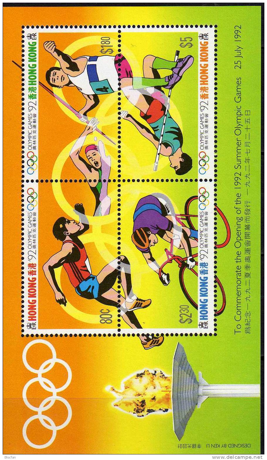 Eröffnung Olympiade Barcelona 1992 Hongkong 649/2 Als Block 23 Mit Text AD ** 15€ Olympic Bloc Sheet From HONG KONG - Zomer 1992: Barcelona