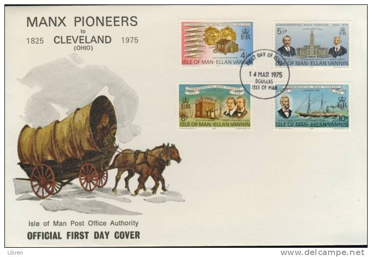 ISLE OF MAN 1975 YV FDC 43-46 PIONEERS FROM MAN IN AMERICA. BLANC. - Isola Di Man