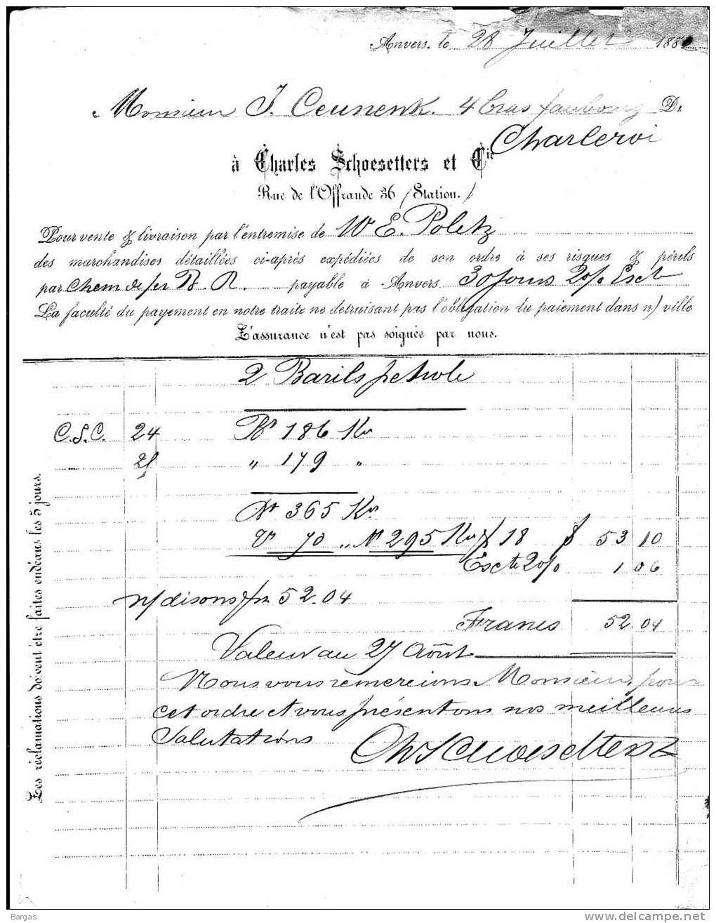 1882 Schoesetters à Anvers Vente De Baril De Pétrole - Other & Unclassified
