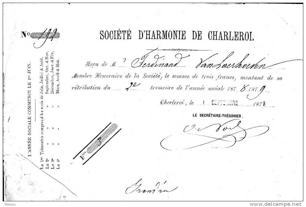 1878 Société D'harmonie De Charleroi - Sonstige & Ohne Zuordnung