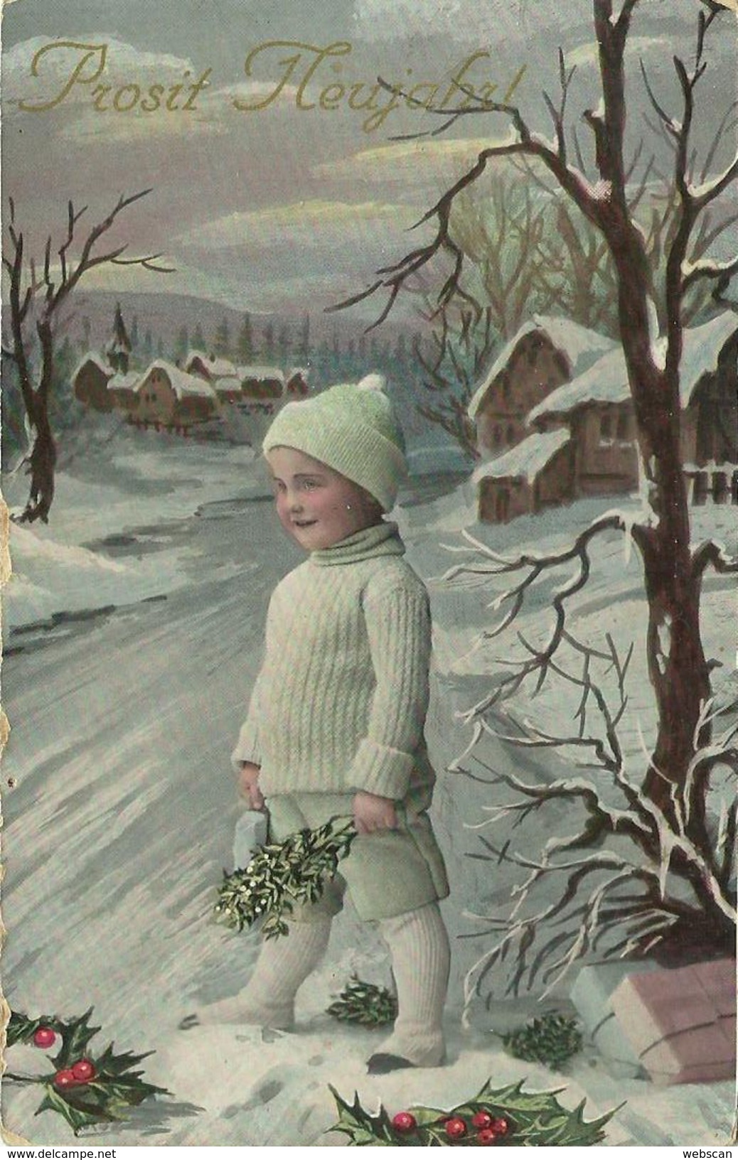 AK Neujahr Kind Wollkleidung Mistel Stechpalme Color 1914 #101 - Neujahr