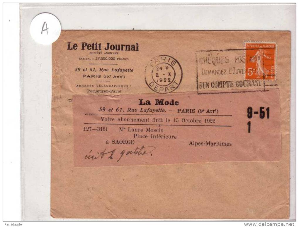 SEMEUSE - 1922 - TARIF 5c Avec YVERT N°158 Seul Sur LETTRE COMMERCIALE D´ABONNEMENT (Le PETIT JOURNAL) - 1921-1960: Periodo Moderno