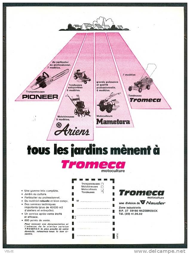 Ancienne Publicité (1976) : TROMECA, Tronçonneuses, Tondeuses, Motoculteurs, Motobineuses, Jardins, Hazebrouck... - Publicités