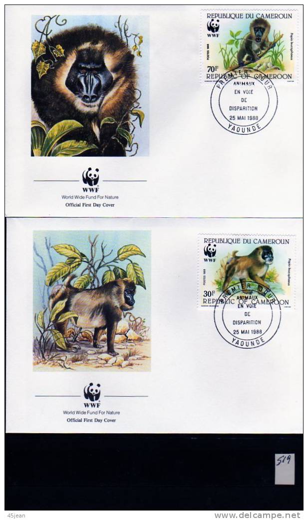 Cameroun: 1988, 4 Très Belles Fdc WWF,  Singe Le Babouin, Faune Protégée - FDC