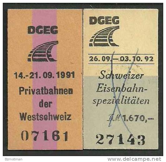 VG72 Suisse Schweiz DGEG Sonderzug Train Special 2 Billet Fahrkarte 1991 & 1992 - Europe