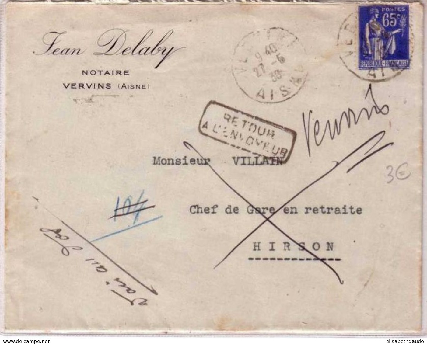 PAIX - 1938 - Yvert N°365 Seul Sur LETTRE De VERVINS (AISNE) - RETOUR à L'ENVOYEUR - 1921-1960: Période Moderne