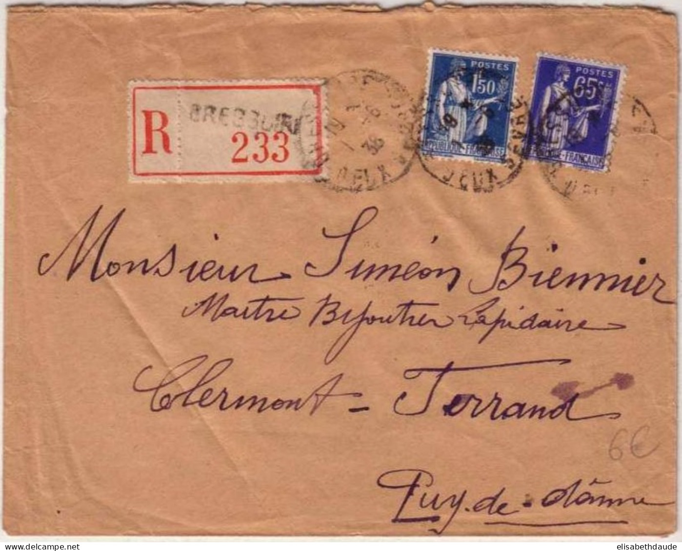 PAIX - 1938 - Yvert N°365+288 Sur LETTRE RECOMMANDEE De BRESSUIRE (DEUX-SEVRES) - 1932-39 Peace