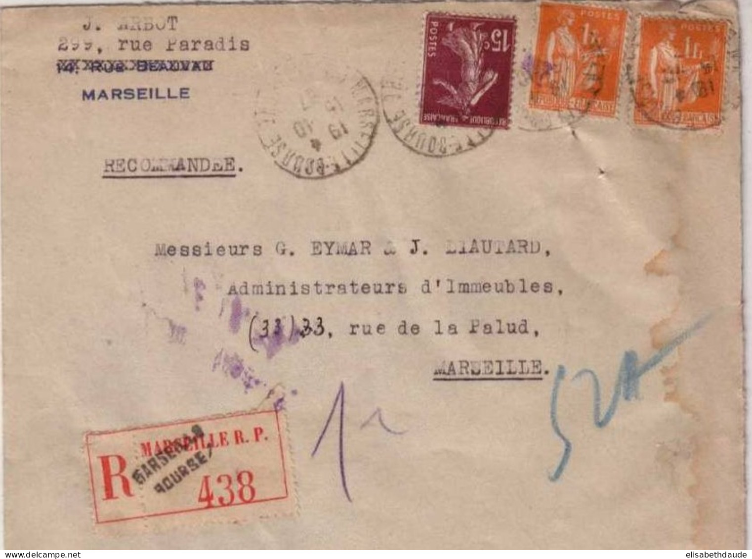 PAIX + SEMEUSE - 1937 - TARIF 2F15 - Yvert N°189+286x2 Sur LETTRE RECOMMANDEE De MARSEILLE - 1932-39 Peace