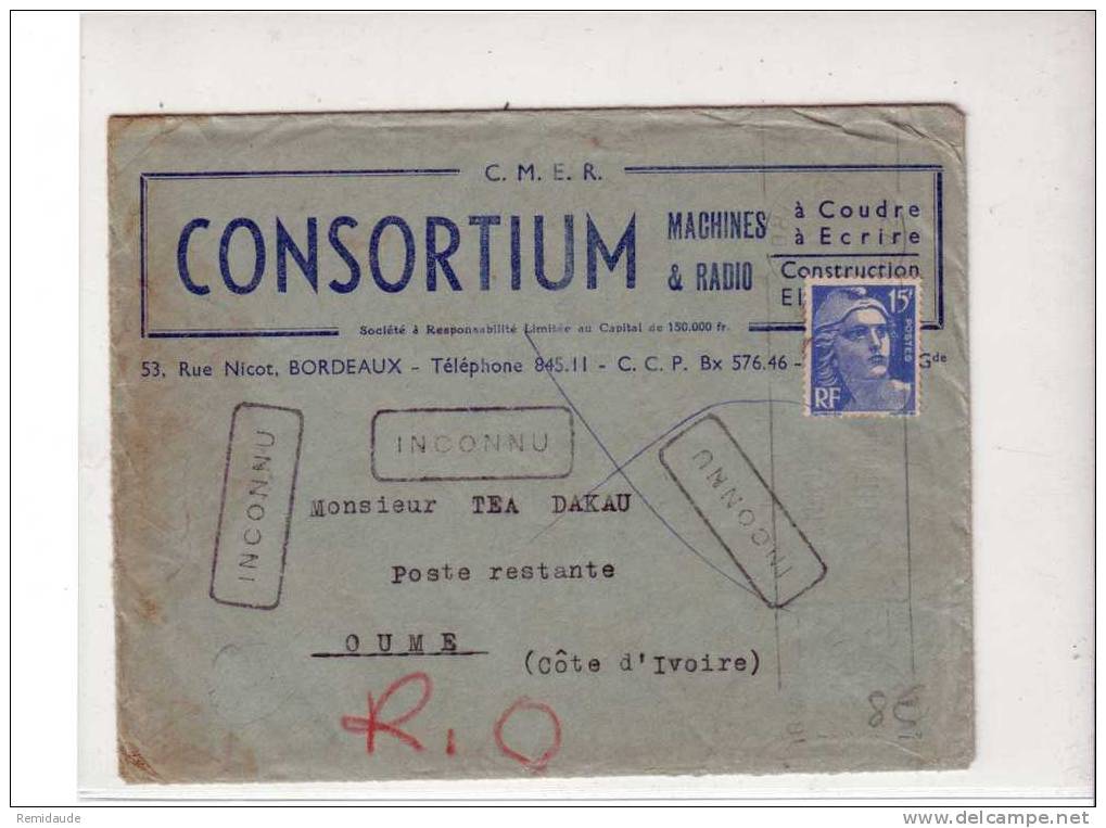 GANDON -1952-Yvert N°886 Seul / LETTRE COMMERCIALE(MACHINE à COUDRE Et RADIO) BORDEAUX Pour OUME (COTE D'IVOIRE) INCONNU - 1945-54 Marianne De Gandon