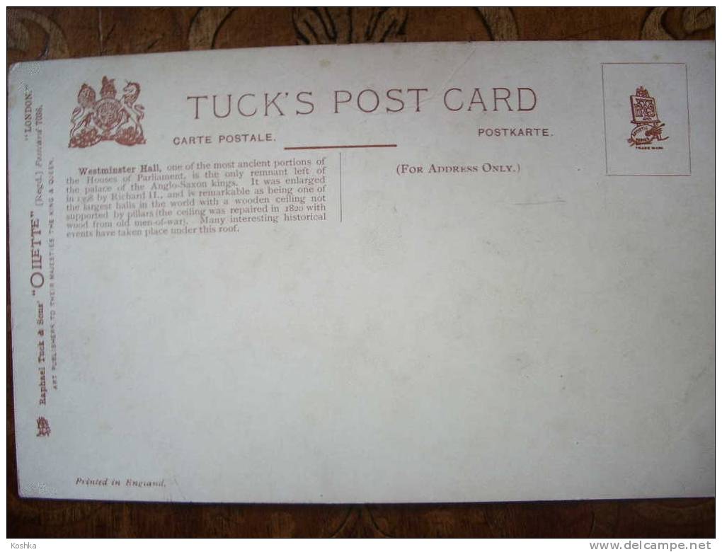 Tuck's Post Card - Oilette - LONDON - Westminster Hall - +/- 1910 - Lot 143 - Tuck, Raphael