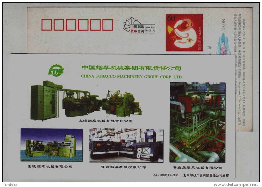 Cigarette Making Machine,CN 04 China Tobacco Machinery Group Advertising Postal Stationery Card - Tobacco