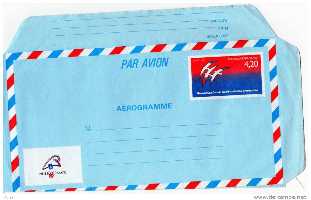 France: 1989 Bel Aérogramme \"Philexfrance89\" Timbre De J.M Folon Bicentenaire De La Révolution Française - Franse Revolutie