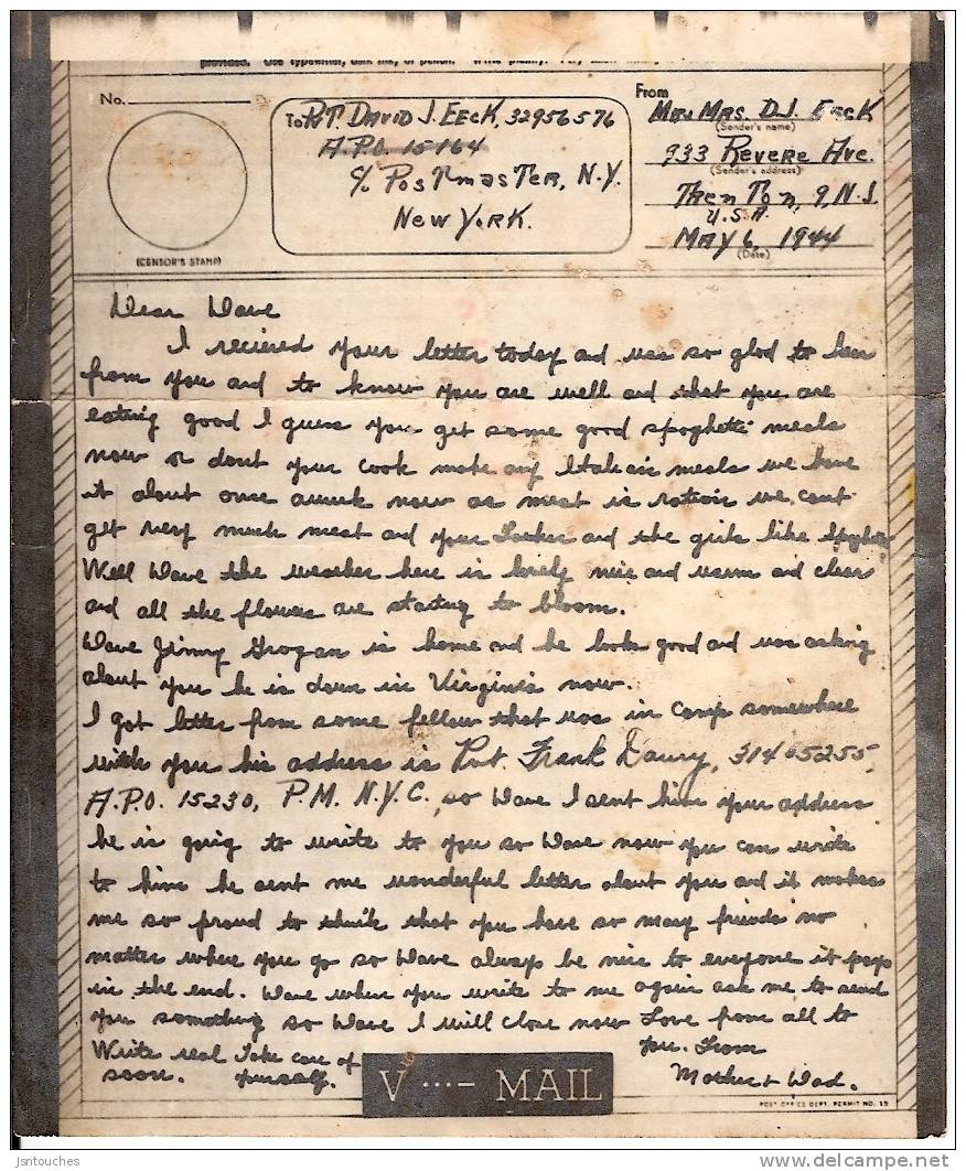 V MAIL - Formule Du 6 Mai 1944 à Destination De New York - Lettres & Documents