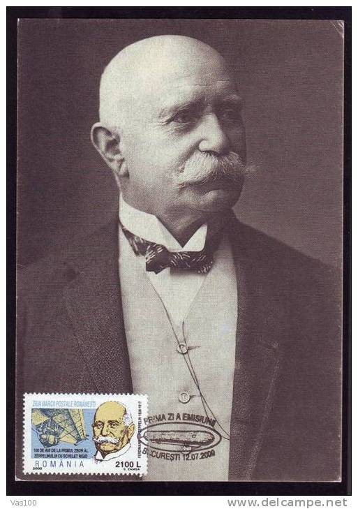 FERDINAND VON ZEPPELIN 1938-1917, MAXICARD FDC 2000 ROMANIA. - Zeppeline