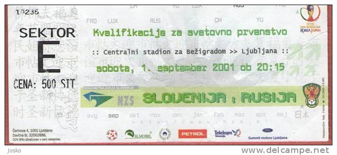 SLOVENIA - RUSSIA ( Russie ) - World Cup 2002. Korea , Japan Qualifiers * Football Ticket Billet Soccer Bezigrad Stadium - Match Tickets