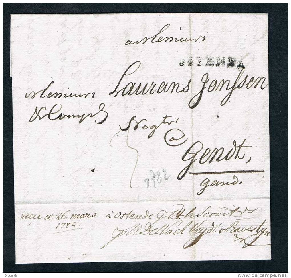 Belgique 1784. Lettre Datée De Blaye Acheminé Jusqu'à Ostende (A Ostende ... Ravestuyn. " + Griffe "OSTENDE" Pour Gand. - 1830-1849 (Belgique Indépendante)