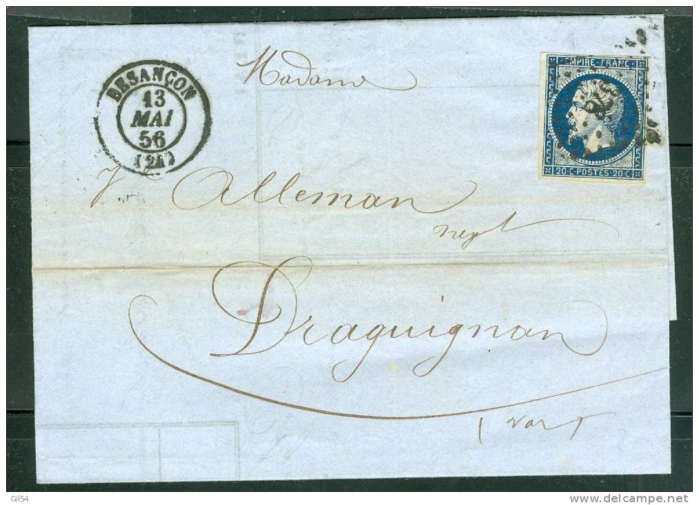 Maury N°14 Type 1 Bleu Foncé Sur LAC De Besançon En Mai 1856 ( Pc 378 ) -  Aw1026 - 1849-1876: Période Classique