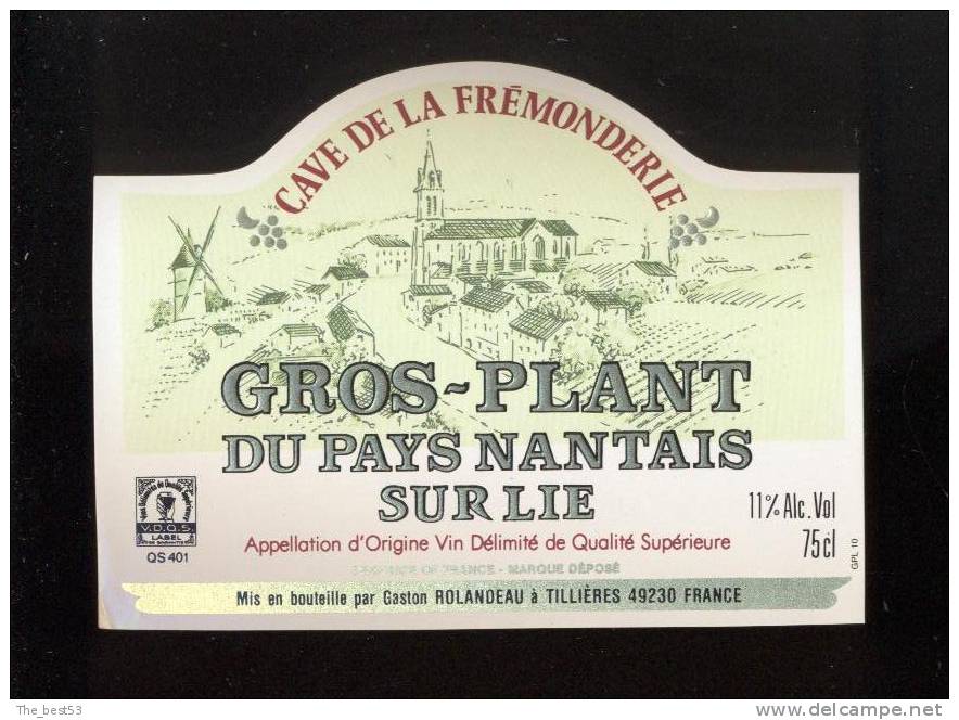 Etiquette De Vin Gros Plant Du Pays Nantais - G. Rolandeau  à Tillières  (49)  -  Moulin à Vent - Moulins à Vent