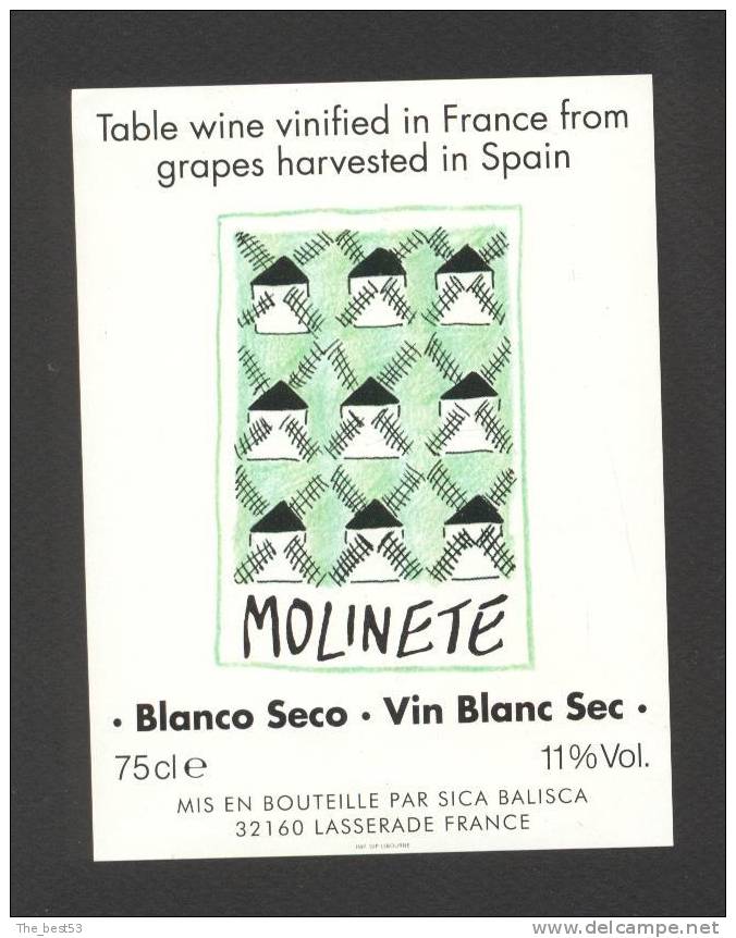 Etiquette De Vin Blanc Sec  - Molinete  -  SICA Balisca  à  Lasserade  (32)  -  Moulin à Vent - Molinos De Viento