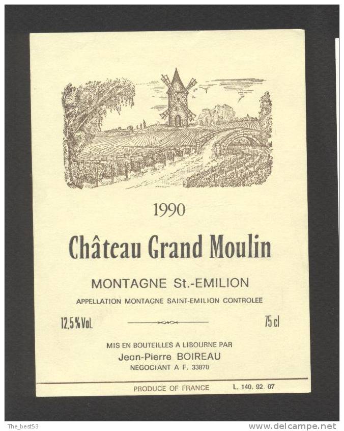 Etiquette De Vin Montagne Saint Emilion 1990 - Chateau Grand Moulin -JP. Boireau à Libourne (33) - Moulin à Vent, Pont - Molinos De Viento