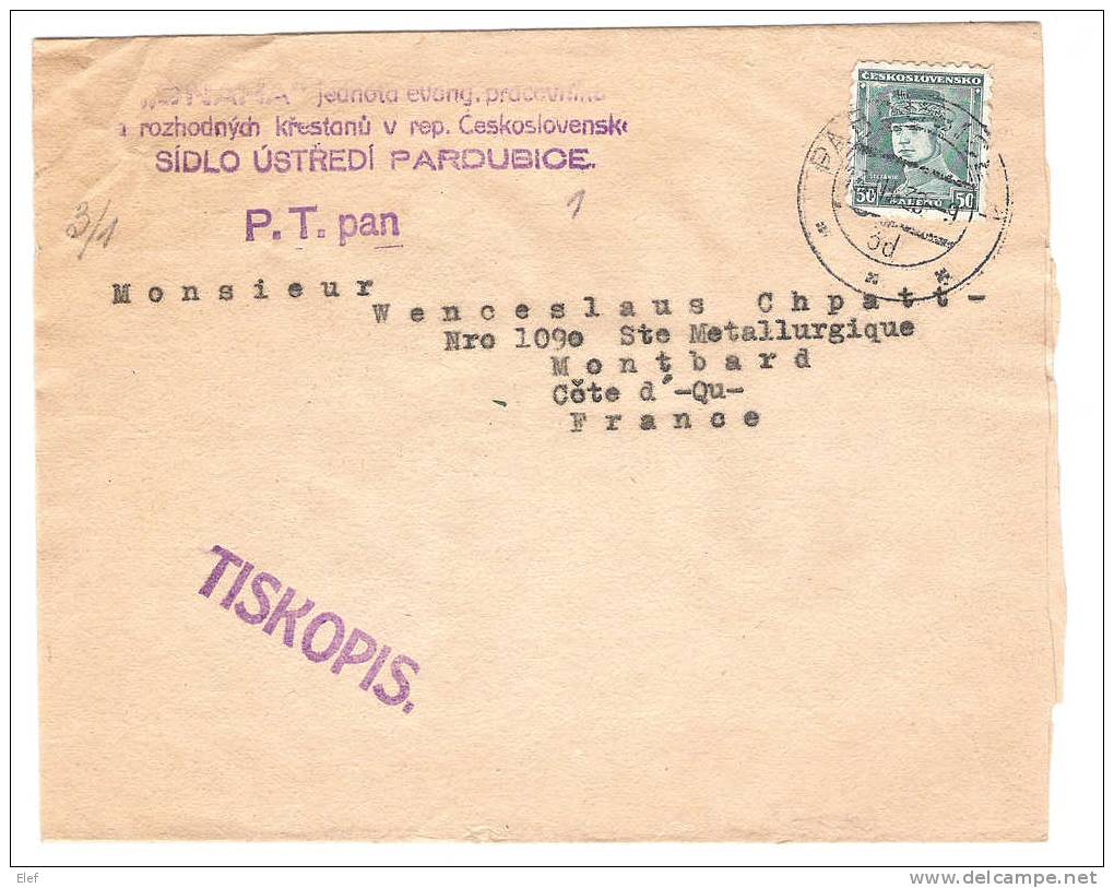 Lettre De PARDUBICE, Tchécoslovaquie Avec Yvert N° 298 "STEFANIK "> Montbard, Cote D´Or,1936; TB - Storia Postale