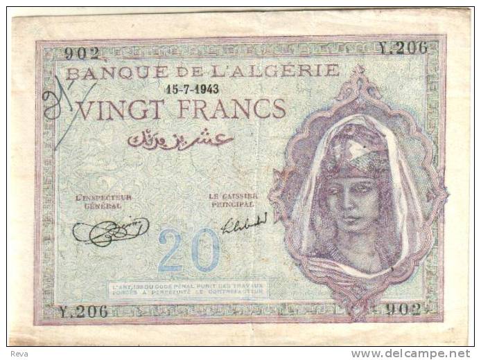 ALGERIA FRANCAISE 20 FRANCS WOMAN HEAD FRONT MAN BACK DATED 15-07-1943 P92A  AVF READ DESCRIPTION - Algeria