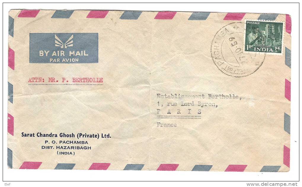 Lettre De PACHAMBA, Inde, Avec Timbre Industrie 1 ROUPIE + Timbre Au Dos  > Paris ; 27.10.1959; TB - Briefe U. Dokumente