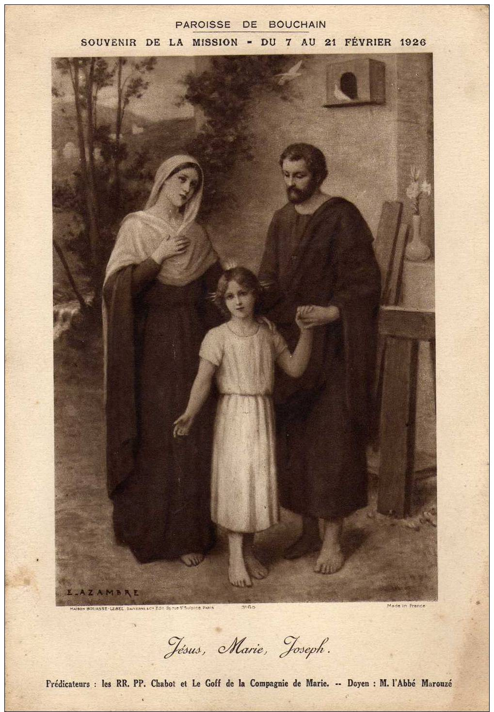 Paroisse De BOUCHAIN (Nord): Souvenir De La Mission Du 7 Au 21 Février 1926, Gravure De Jésus, Marie, Joseph; 27,6 X 19 - Religion & Esotérisme