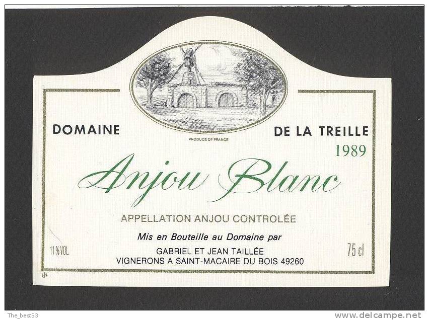 Etiquette De Vin Anjou Blanc 1989 -  Domaine De La Treille  -  Taillée à Saint Macaire Du Bois (49)  -  Moulin à Vent - Mulini A Vento