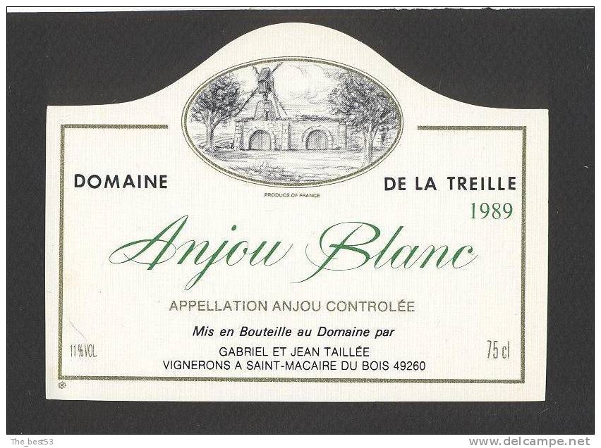 Etiquette De Vin Anjou Blanc 1989 -  Domaine De La Treille  -  Taillée à Saint Macaire Du Bois (49)  -  Moulin à Vent - Windmills