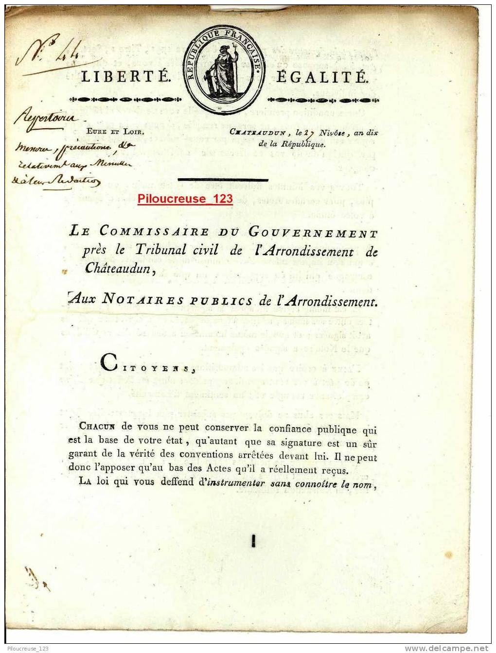 28- CHATEAUDUN -Document Du Commissaire Du Gouvernement De Châteaudun Adressé Aux Notaires Publics Du 27 Nivôse An X - Decrees & Laws