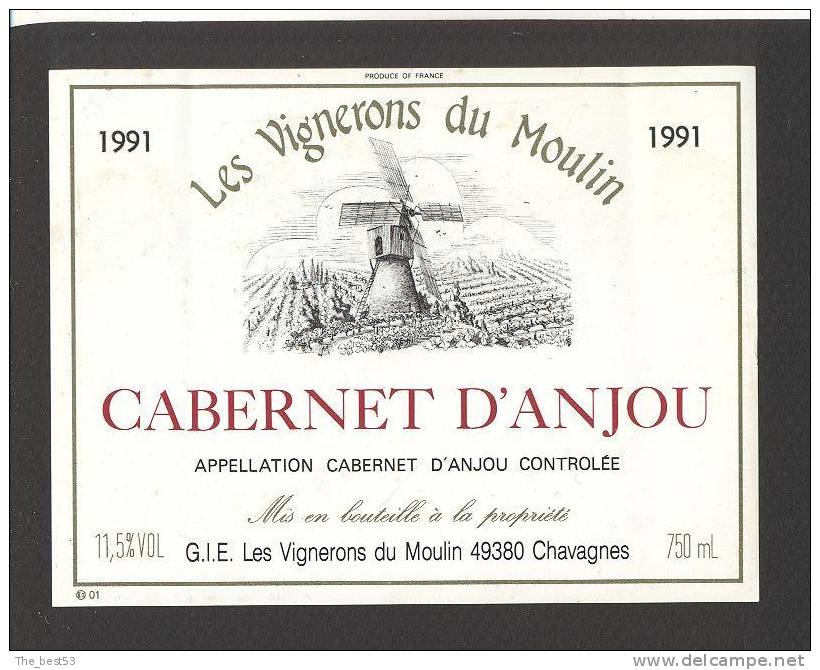 Etiquette De Vin Cabernet D´Anjou 1991- Les Vignerons Du Moulin à Chavagnes (49) - Moulin à Vent - Windmills